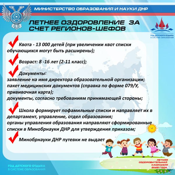 Возможные варианты осуществления отдыха детей и их оздоровления в период летней оздоровительной кампании 2025 года, обратив внимание, что организация отдыха детей в Донецкой Народной Республики осуществляется на безоплатной основе..